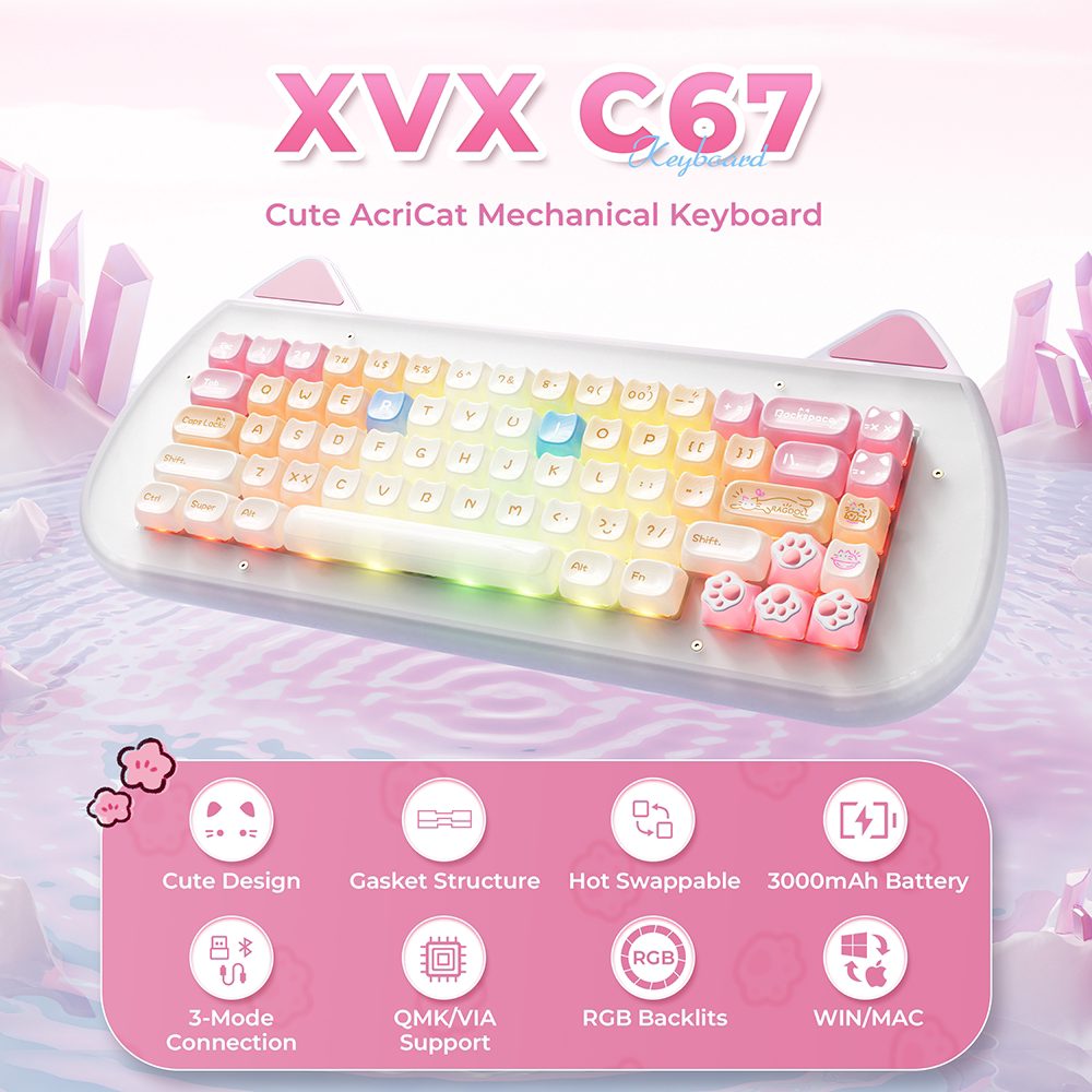 XVX机械键盘C67猫猫亚克力堆叠三模蓝牙/有线/2.4G无线可爱客制化