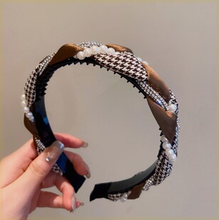气质千鸟格麻花辫发箍高级感水钻复古风少女百搭珍珠头箍带齿发卡