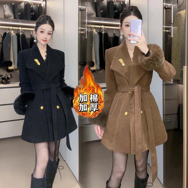 【加棉加厚】【含腰带】气质秋冬翻领外套女人味收腰显瘦TX0342