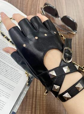 黑瞎子cos服lolita朋克哥特露指搭配手袖y2k配饰半指皮镂空手套