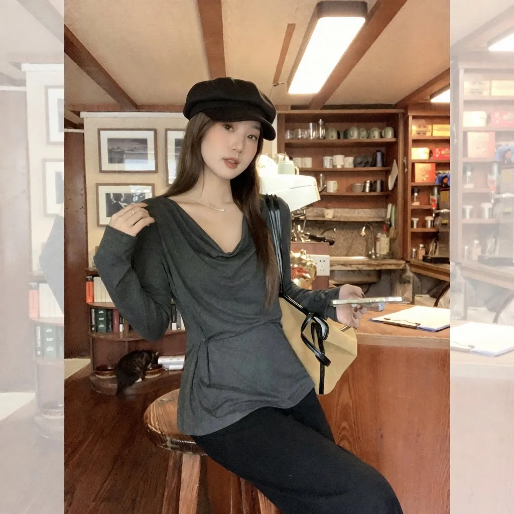 灰色慵懒风褶皱露肩一字领宽松纯色长袖T恤新款韩版秋日女装上衣