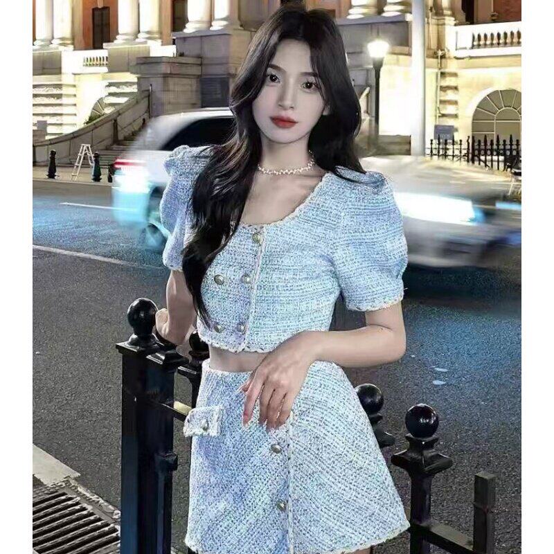夏季2026新款轻奢辣妹少女小香风方领短款上衣高腰半身裙两件套装