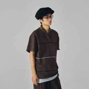 共和GongheRepub 桑椹紫亨利领锁链绣复古花纱落肩短袖