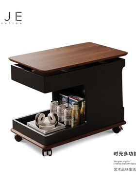 如羽 客厅沙发小推车茶几休闲实木折叠桌子中古风可移动升降边柜