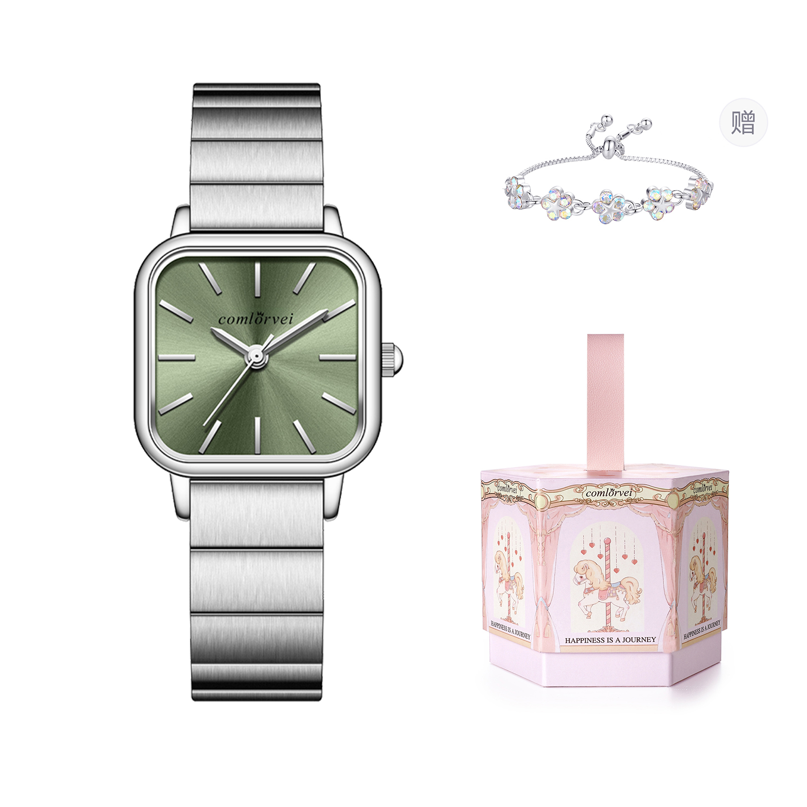 康洛薇复古方形石英绿色女士腕表