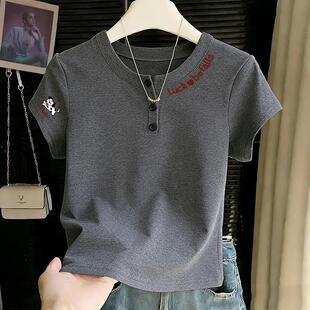 2026百搭休闲洋气简约ins风字母卡通印花短袖女装上衣韩系短款T恤