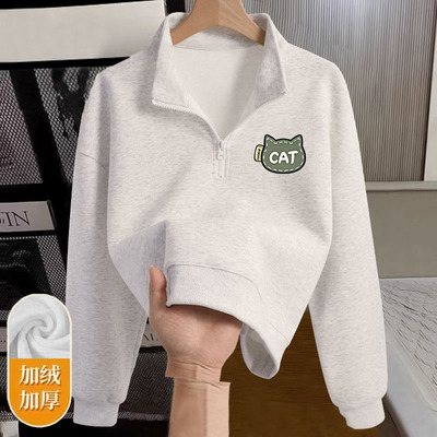 春秋冬季新款洋气印花半拉链短款外套女士小个子加绒加厚华棉卫衣