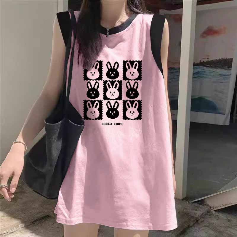 纯棉背心吊带女夏李新款宽松慵懒风无袖t恤卡通印花坎肩上衣服潮