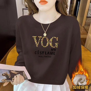 华棉印花设计感春秋冬新款圆领打底上衣女小个子加绒加厚短款卫衣