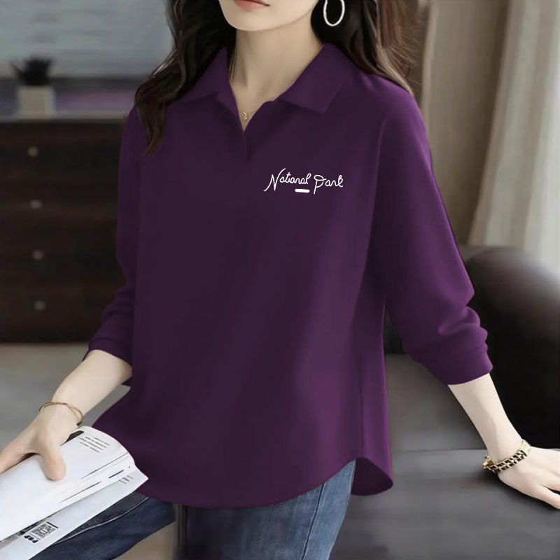 春秋季休闲POLO领2025新款女士显瘦纯棉弧形下摆简约印花长袖上衣