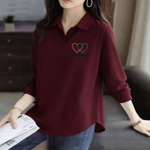 上衣女百搭弧形下摆休闲100%纯棉印花翻领POLO衫 长袖 新款 2025秋季