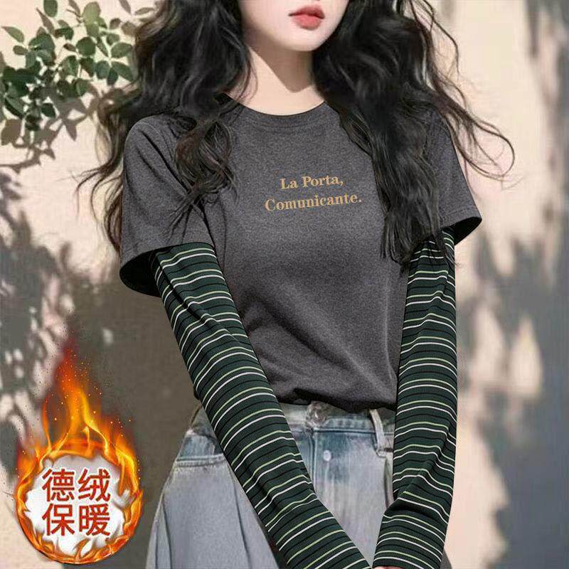2026新款圆领撞色拼接长袖t恤女