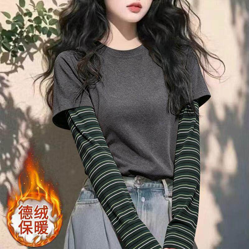 秋冬季假两件衣服德绒条纹拼接长
