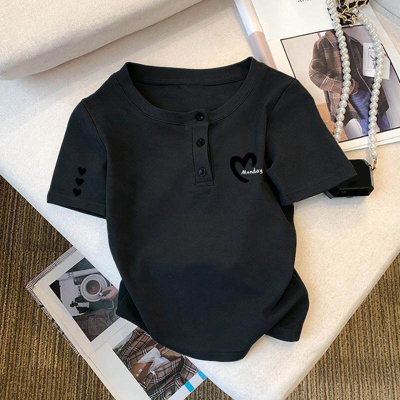 夏季女生小众爱心印花短袖短款百搭上衣休闲ins风韩系短款T恤潮流