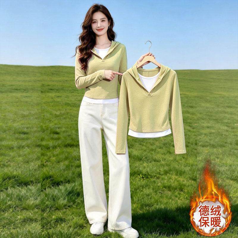 春秋季纯色系连帽长袖t恤女秋季