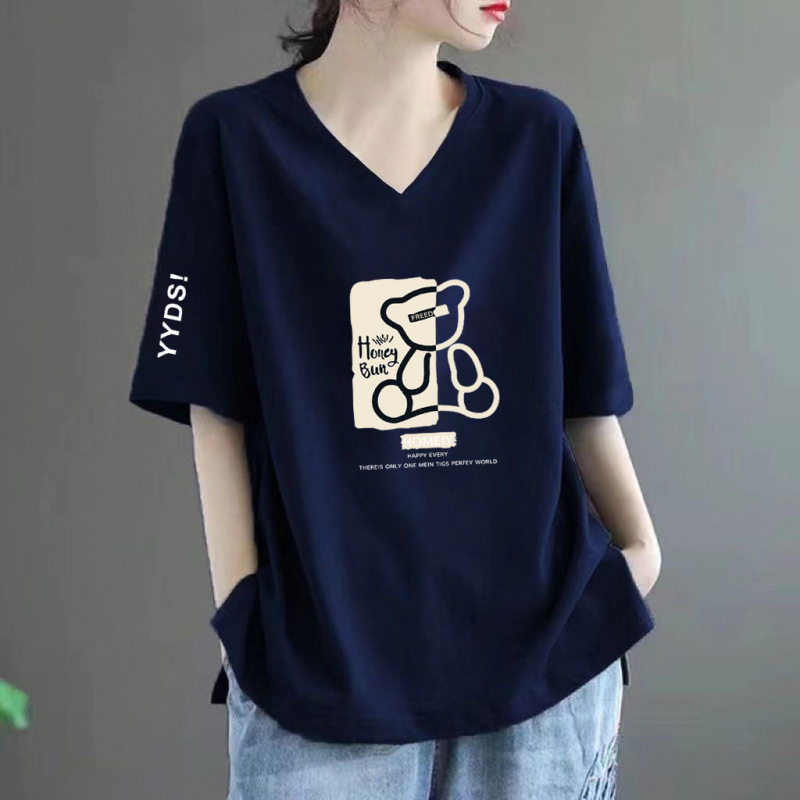 碳灰色V领短袖上衣女2024新款韩
