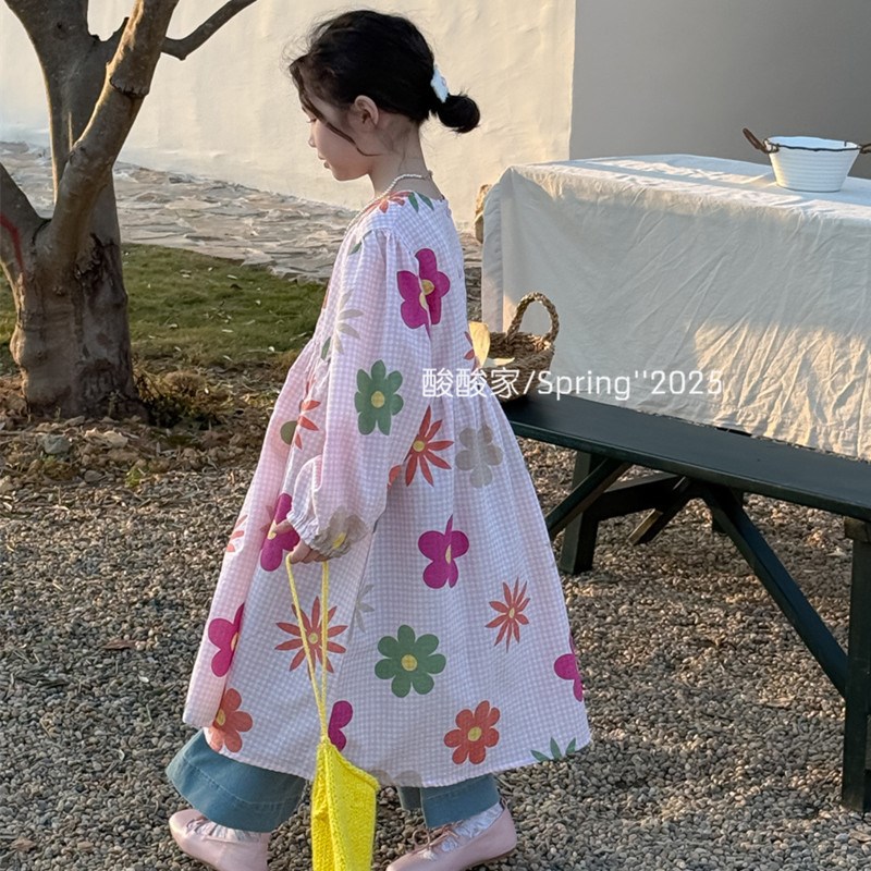 女童满版彩色花朵连衣裙春季新品女宝宝纯棉休闲宽松格子长裙洋气