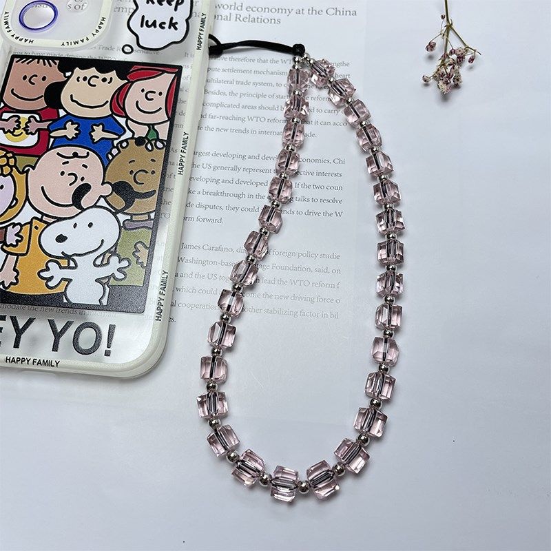 粉色少女心切角四方人造水晶挂饰品diy串珠P短款手机女男生挂链条