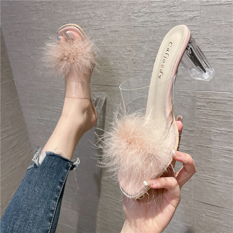 网红百搭新款露h趾时装凉拖2023年夏法式高跟鞋女透明水晶粗跟拖