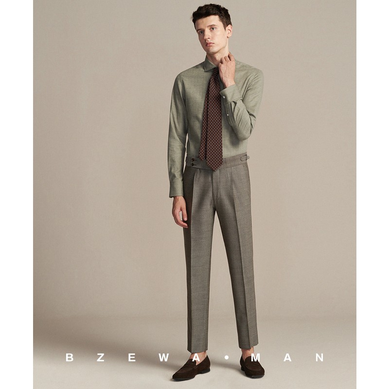 意式人字纹绿色磨毛厚款纯棉长袖衬衫男修身扣领潮流休闲全棉衬衣