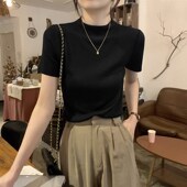女修身 薄款 半高领T恤洋气2025新款 黑色短袖 针织简约百搭打底小衫