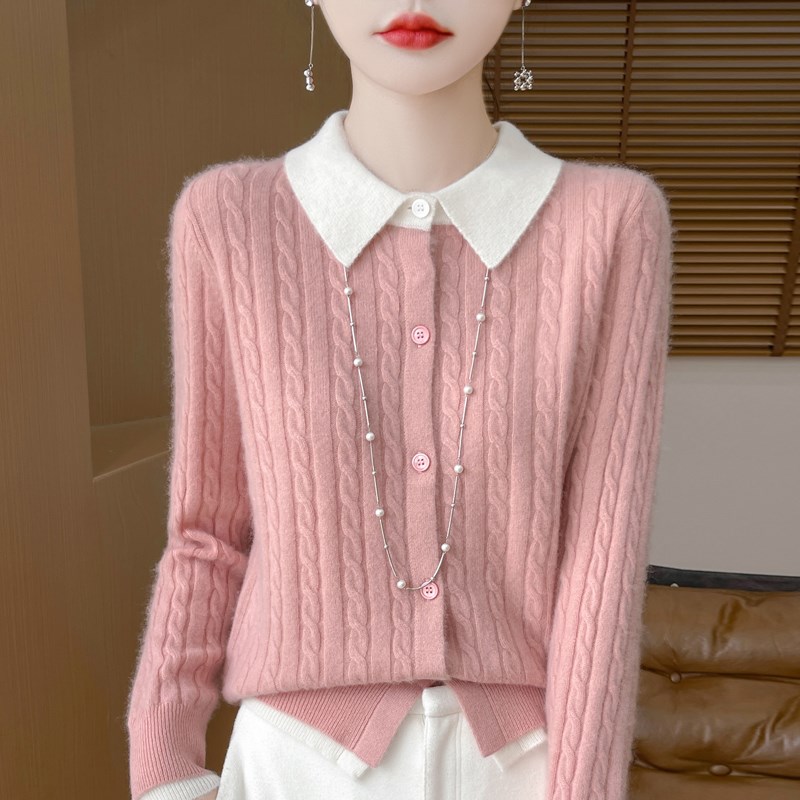 100%羊绒假两件开衫女翻领拼色刺绣麻花毛衣宽松羊毛针织外套上衣