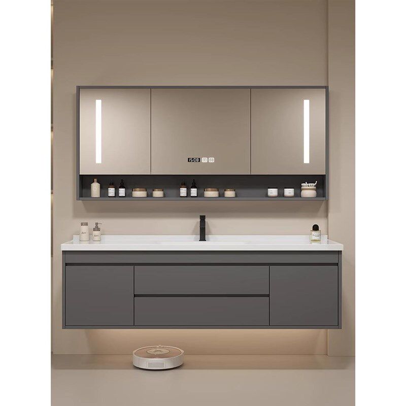 定制智能实木浴室柜一体陶瓷双盆洗手盆卫生间洗漱柜洗脸盆柜组合