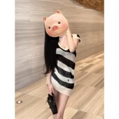 撞色条纹不规则V领镂空冰丝短袖 上衣 宽松露肩中长款 针织衫 女夏季