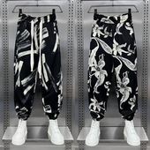 青年潮牌宽松束脚棉麻哈伦裤 印花裤 薄款 冰丝休闲九分裤 子男士 夏季