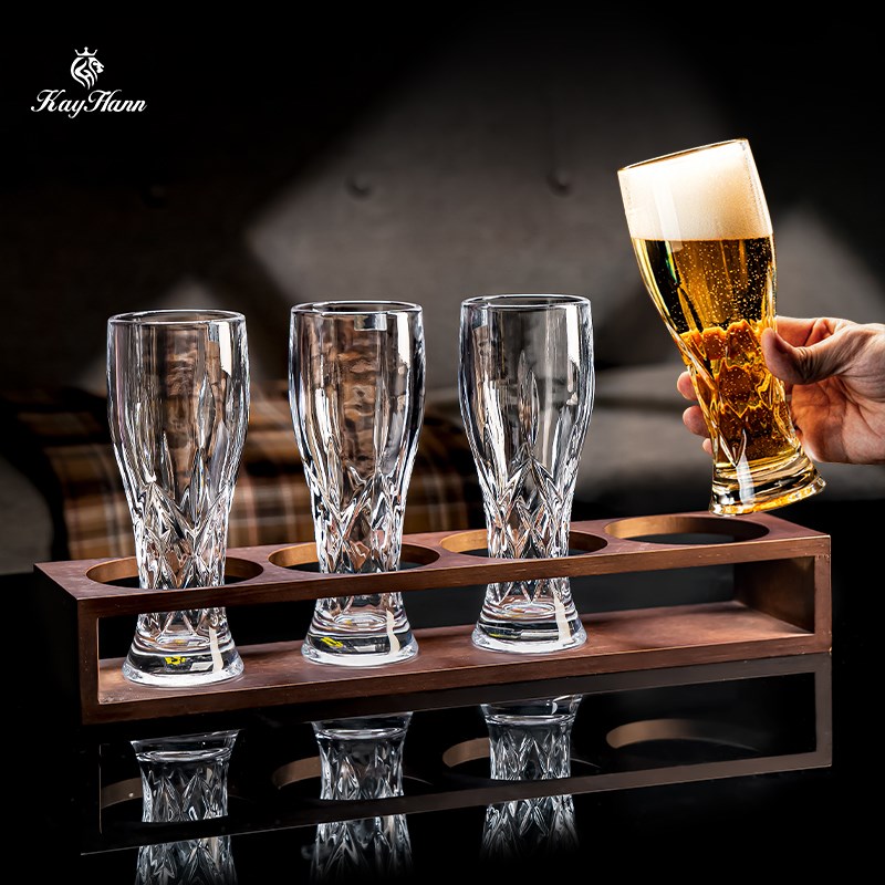 4只装啤酒杯架套装家用高档水晶玻璃大容量精酿杯果汁杯子带杯架