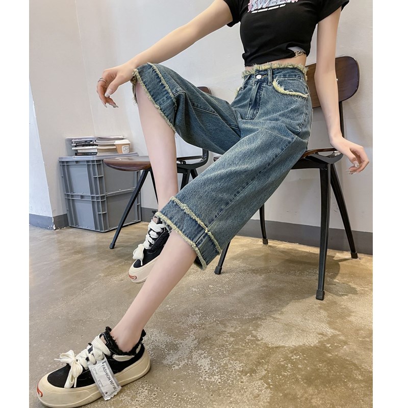 七分直筒牛仔裤女春秋夏薄2024新款高腰宽松小个子毛边7分阔腿裤