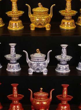 佛前五供摆件 八吉祥描金陶瓷供佛佛具 家用供奉香炉烛台花瓶一套