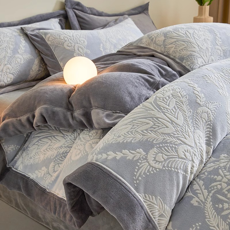 冬季牛奶绒床上四件套雕花绒双面加绒被套加厚珊瑚法兰绒床单床笠