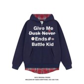 亿万少年BUFU美式 复古假两件格子拼接连帽卫衣秋季 国潮牌情侣外套