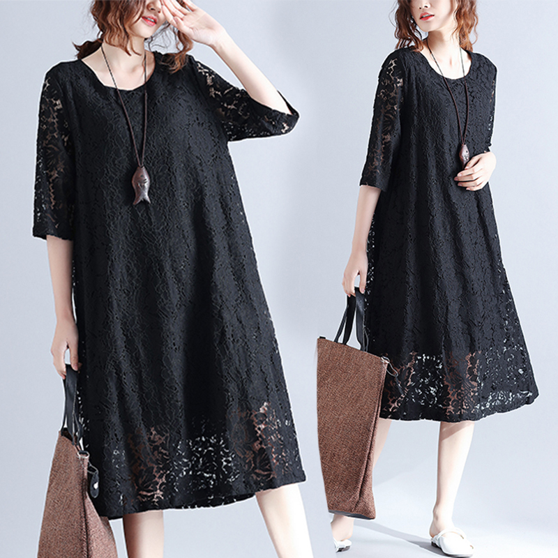 大码女装夏季胖妹妹蕾丝连衣裙女宽松减龄遮肚子显瘦洋气仙女裙子