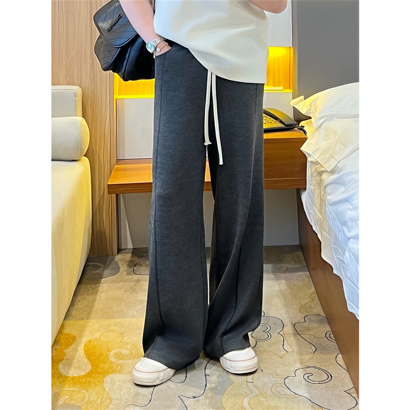 【花契】大码女装裤子18080新款松紧腰阔腿裤宽松慵懒灰色高级感