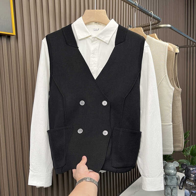 秋冬英伦风西装马甲外套男士韩版双排扣个性背心无袖坎肩针织衫