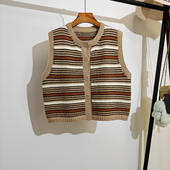 复古条纹针织马甲开衫 毛衣坎肩背心外套 宽松圆领无袖 女秋冬季 新款