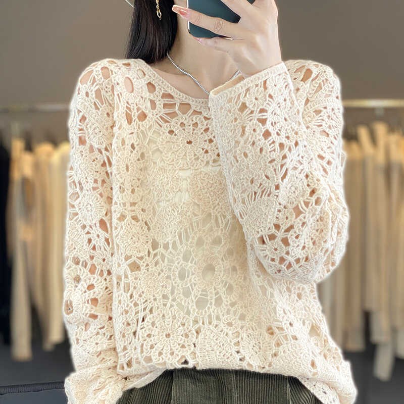 圆领宽松慵懒风镂空钩花100%纯羊绒衫女长袖针织衫毛衣羊毛衫打底