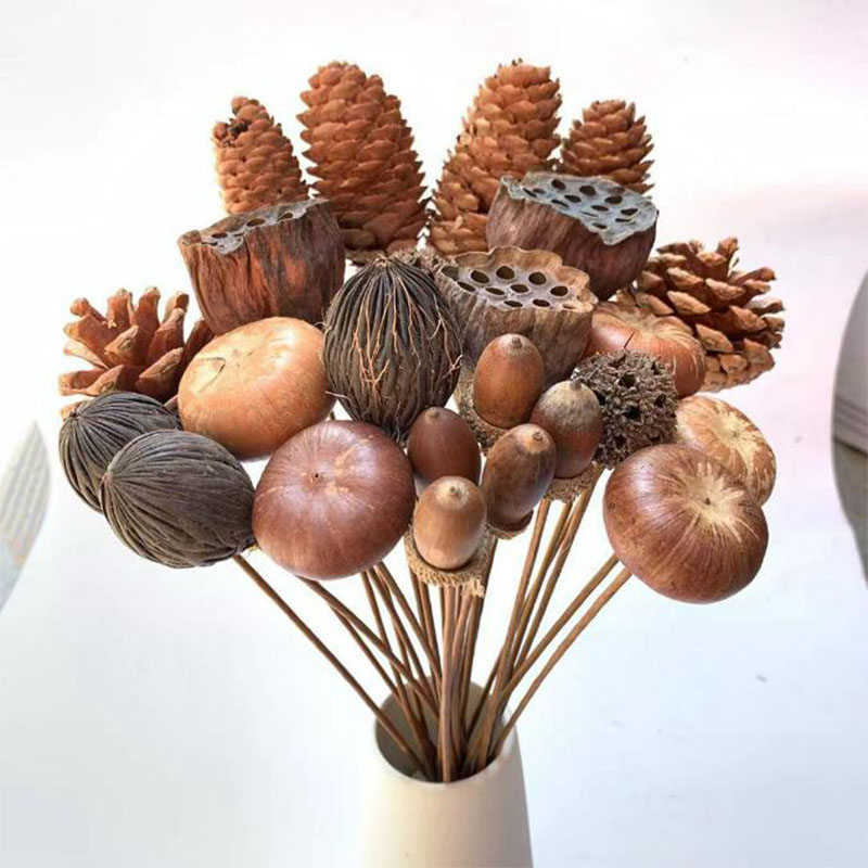 松果橡果松塔带杆插花q禅意装饰摆设北欧风干花包复古简约拍摄道