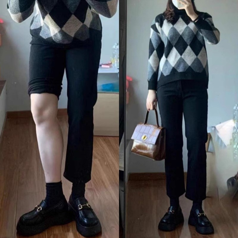 黑色直筒牛仔裤女秋冬新款加绒胖妹妹mm宽松显瘦梨形身材烟管裤子