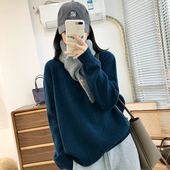 显白软糯竖坑条宽松套头针织衫 纯色慵懒毛衣显瘦圆领内搭打底衫 女