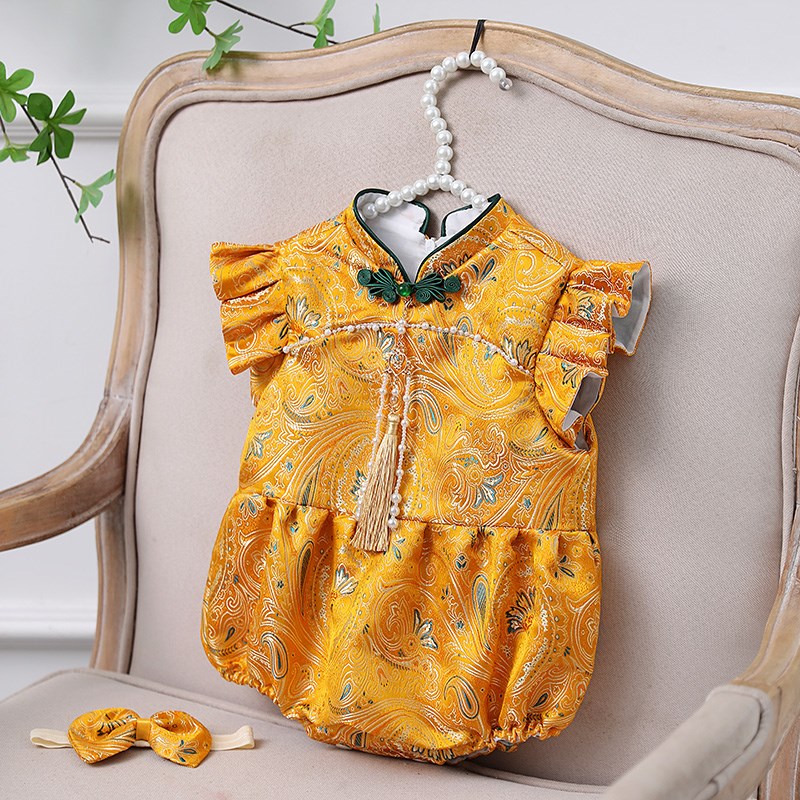 一周岁女宝宝礼服新中式旗袍中国风儿童抓周宴衣服包屁服金色夏季