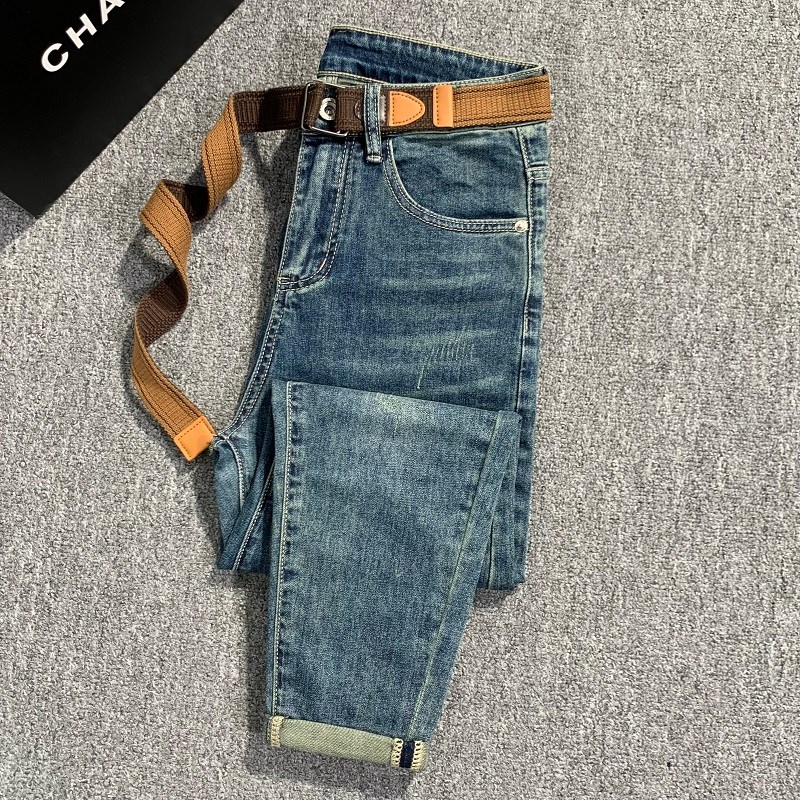 男士九分牛仔裤2024春季新款修身小直筒浅色复古潮流弹力休闲裤子