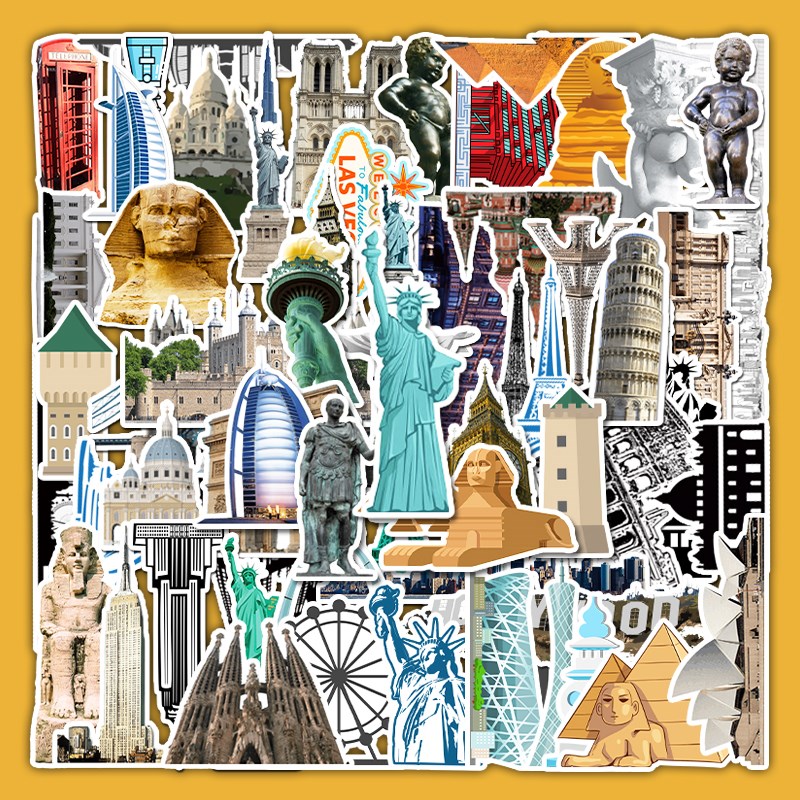64张地标建筑行李箱冰箱水杯滑板手机平板笔记本电脑无痕手账贴纸
