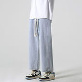 男潮流夏季 松紧腰美式 阔腿裤 直筒牛仔裤 子男生简约浅色休闲九分裤