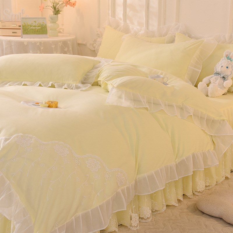 韩式公主风床裙款四件套蕾丝被套少女心全纯色床单水洗棉床上用品