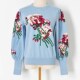 2023秋冬撞色花朵刺绣泡泡灯笼袖 长袖 针织上衣女显瘦套头毛衣