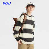 棉混织大条纹撞色长袖 300克重磅2024秋冬季 新款 T恤男圆领蓬松上衣