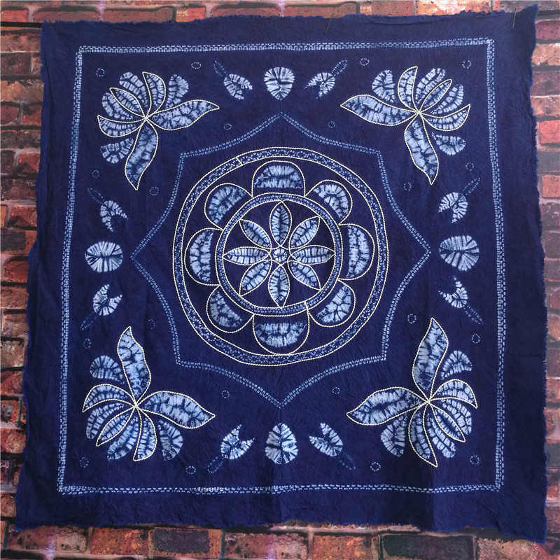 大理扎染桌布云南白族送老外植物蓝染方巾壁挂礼物背景装饰茶几